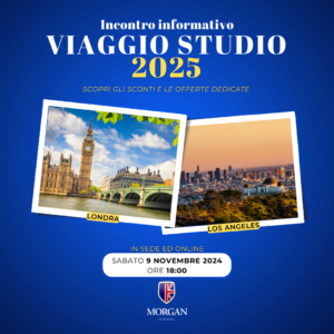 locandina viaggi studio 2025 con presentazione mete londra e los angeles